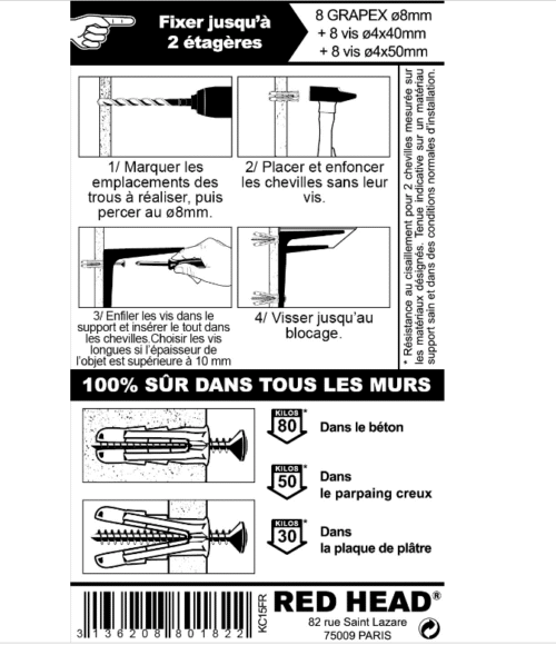 Notice Kit chevilles à expansion etagère légère RED HEAD - Tikamart